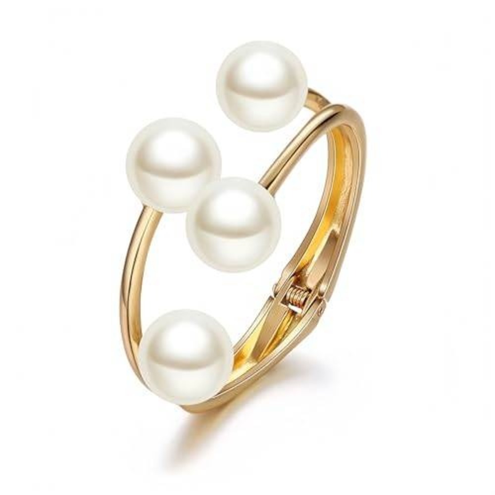 Gold Pearl Bangle Bracelet Open Front Hinge Cuff White Faux Pearl‎ Jewelry